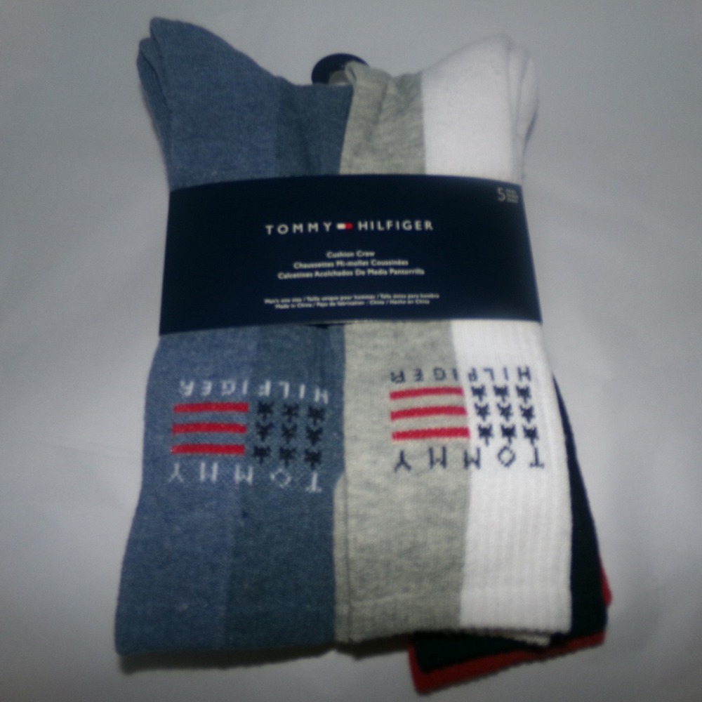 Tommy Hilfiger Mens Cushion Crew Socks 5 Pair Pack Multi Color Logo One Size